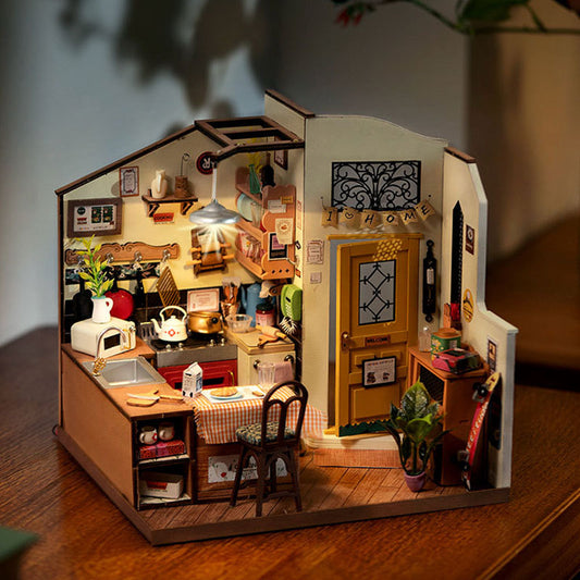 Kitchen Dollhouse Minature House DIY Wooden Puzzle With LED Light