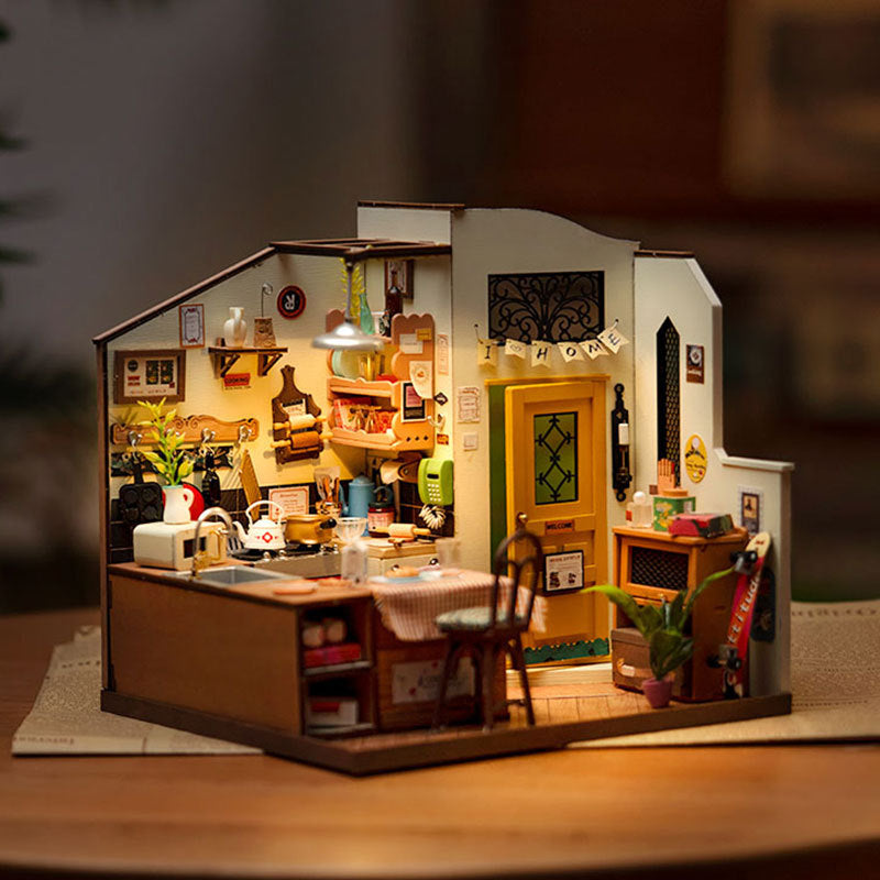 Kitchen Dollhouse Minature House DIY Wooden Puzzle With LED Light