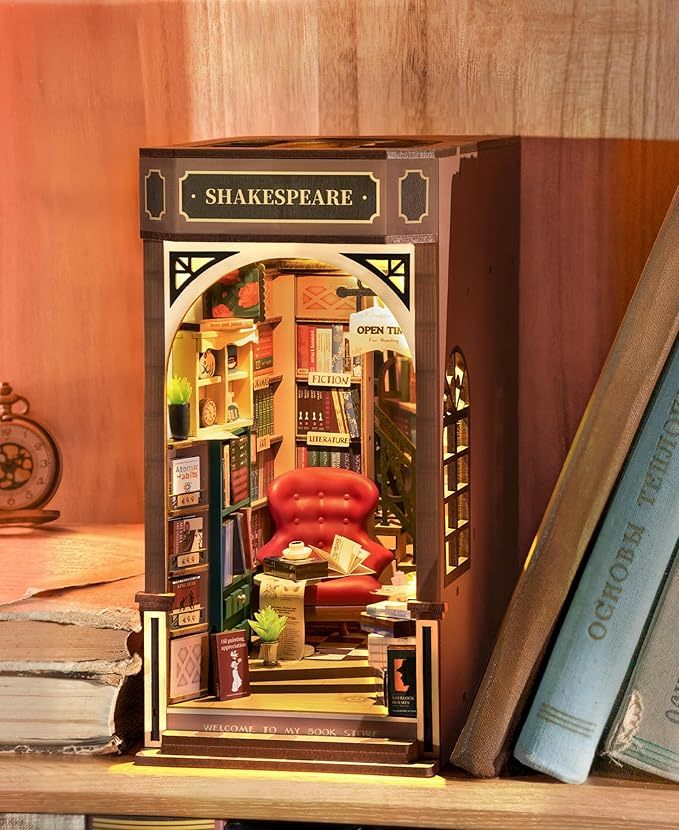 DIY Book Nook Kit Bookend Stand Bookshelf Insert Bookcase Miniature Doll House Light 3D Puzzles TGB01-09