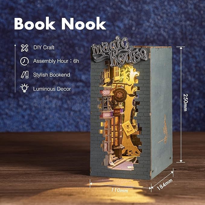 DIY Book Nook Kit Bookend Stand Bookshelf Insert Bookcase Miniature Doll House Light 3D Puzzles TGB01-09